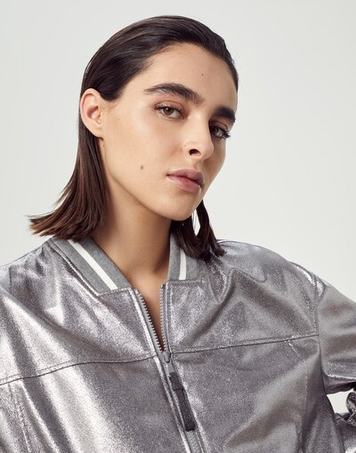 Brunello Cucinelli Laminated Leather Bomber Jacket Puffer Jackets Silver In Metallic