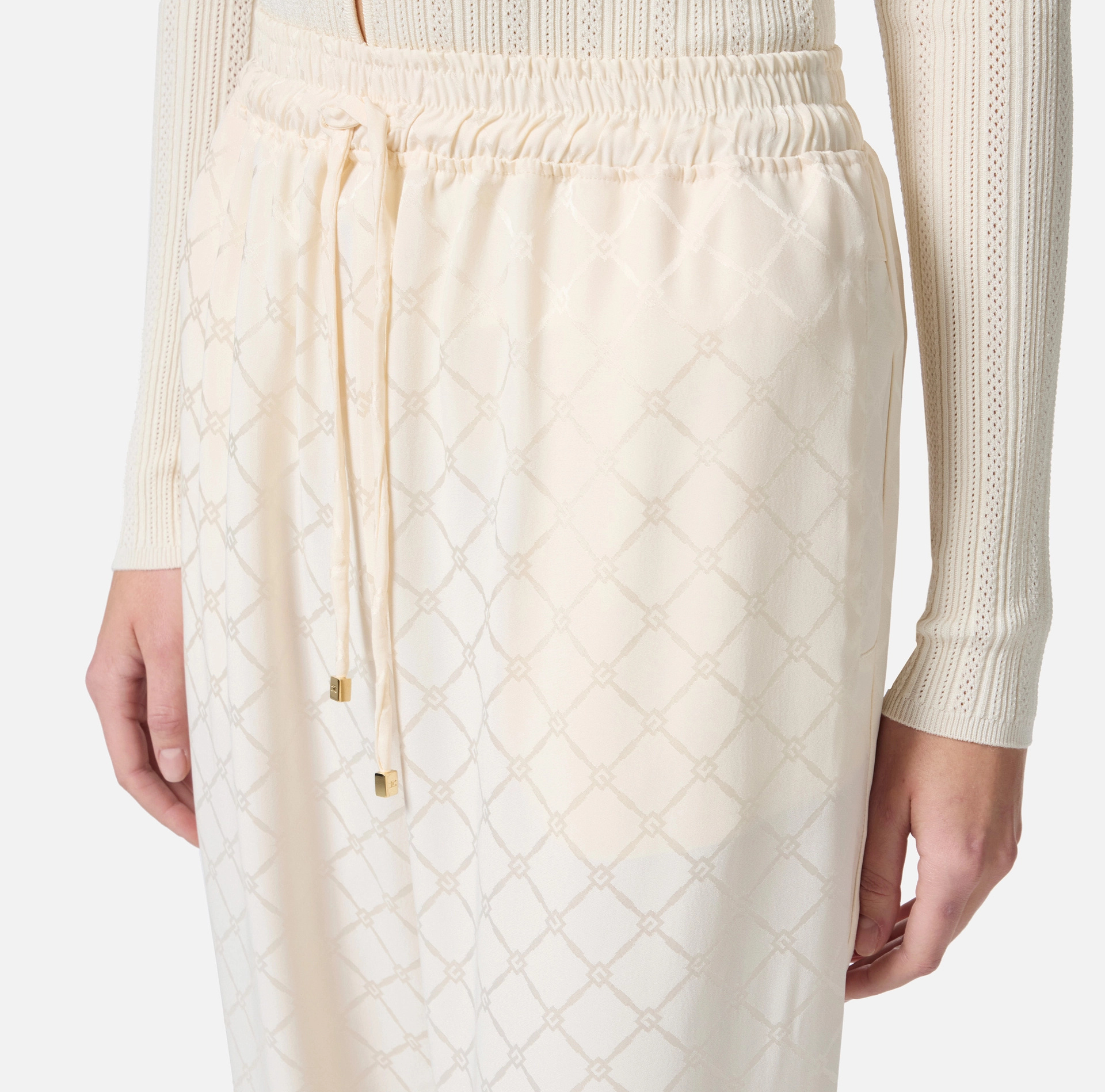 Elisabetta Franchi Jacquard Drawstring Straight Leg Trousers In White