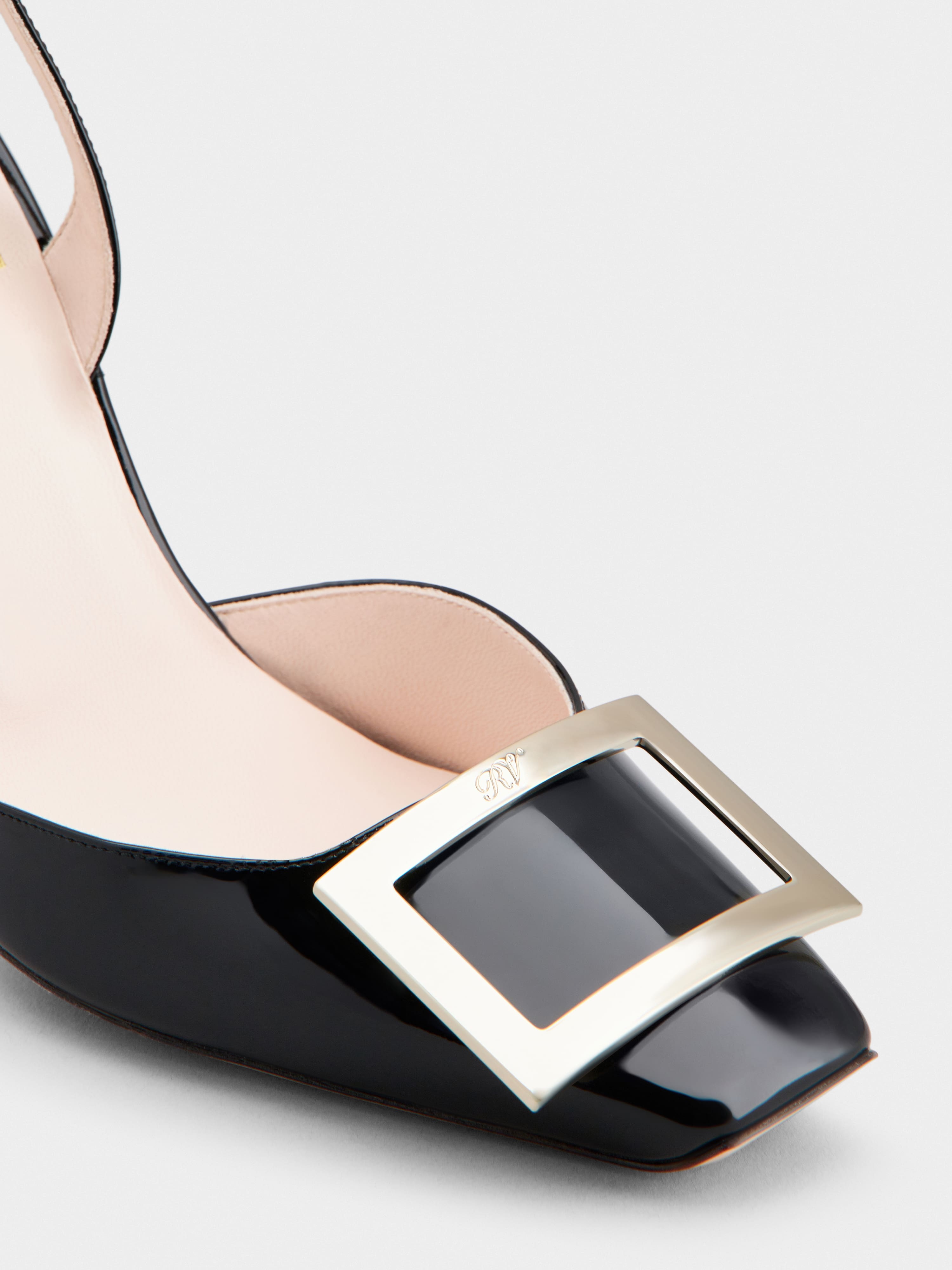 Roger Vivier Trompette Metal Buckle Slingback Pumps In Patent Leather In Black