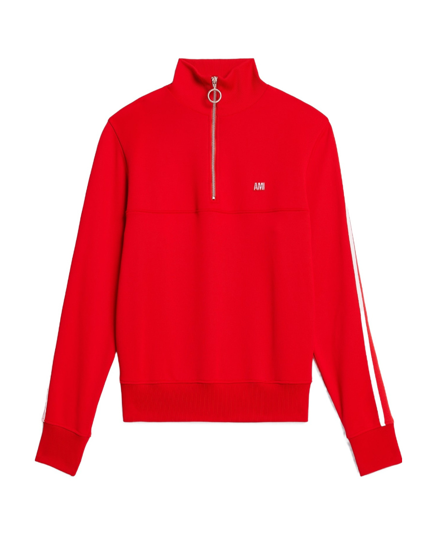 Ami Alexandre Mattiussi Striped Short-zip Pullover Sweatshirt In Red