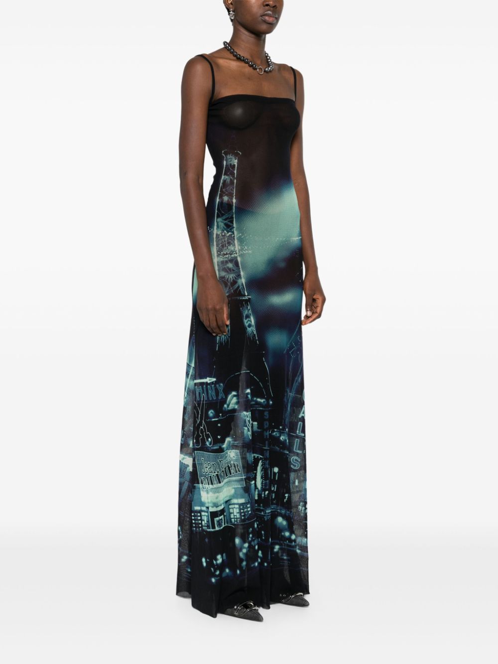 Jean Paul Gaultier Printed Tulle Maxi Dress In Black