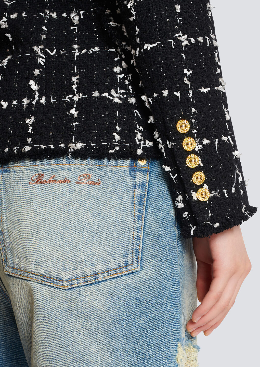 Balmain Grid Tweed Double-breasted Blazer In Black