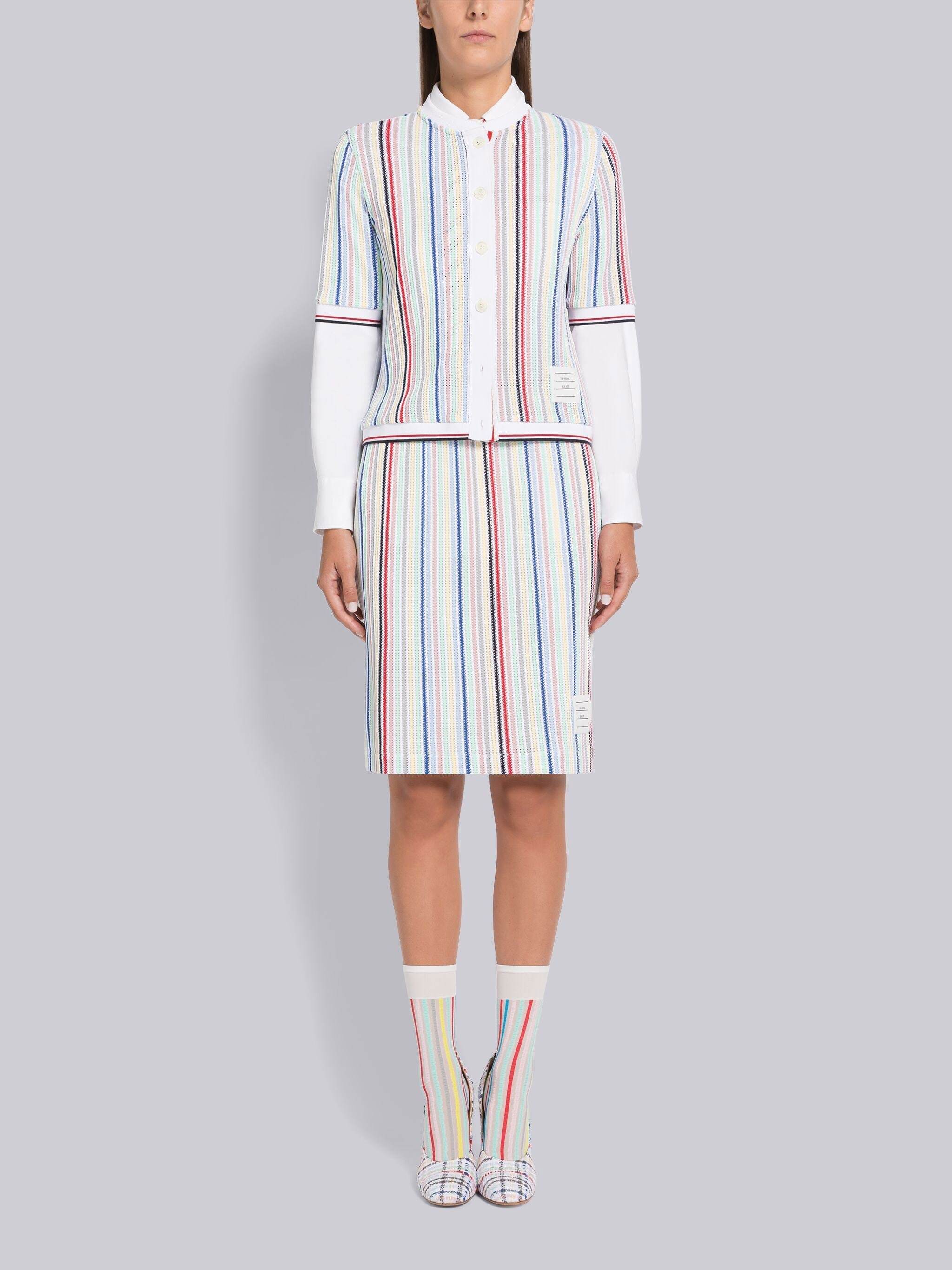 Thom Browne Striped Short-sleeve Knitted Cardigan In White