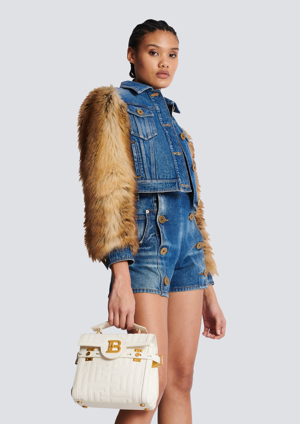 Balmain B-buzz 23 Monogrammed Grained Leather Bag In White