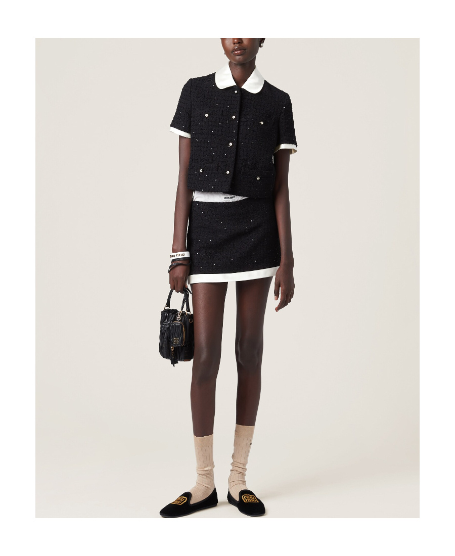 Miu Miu Bouclé Cardigan With Button Detailing And Contrast Collar In Black