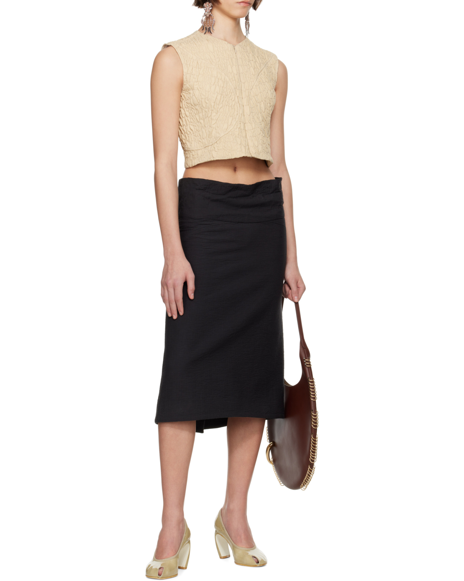 Tory Burch Black Molded Waistband Cotton Midi Skirt