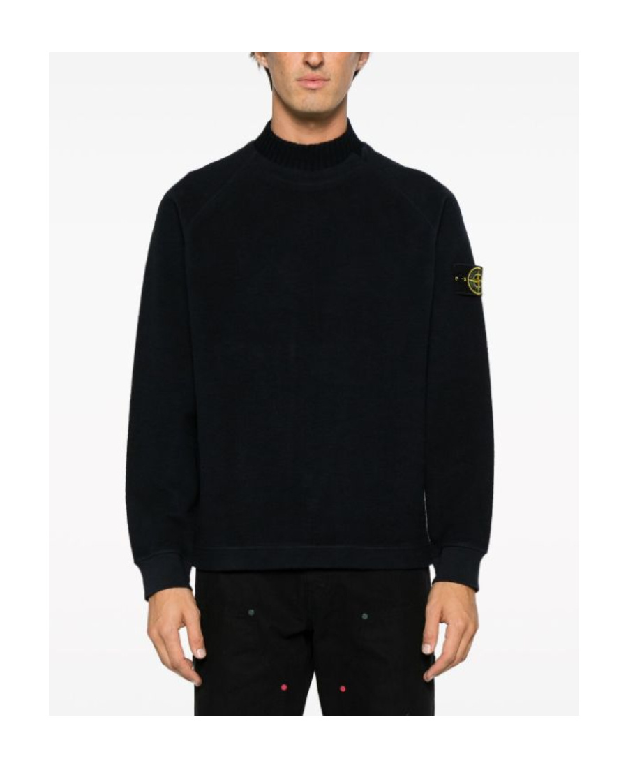 Stone Island Black Sweater With High Neck And Patch Logo On The Sleeve In Wool In Blue