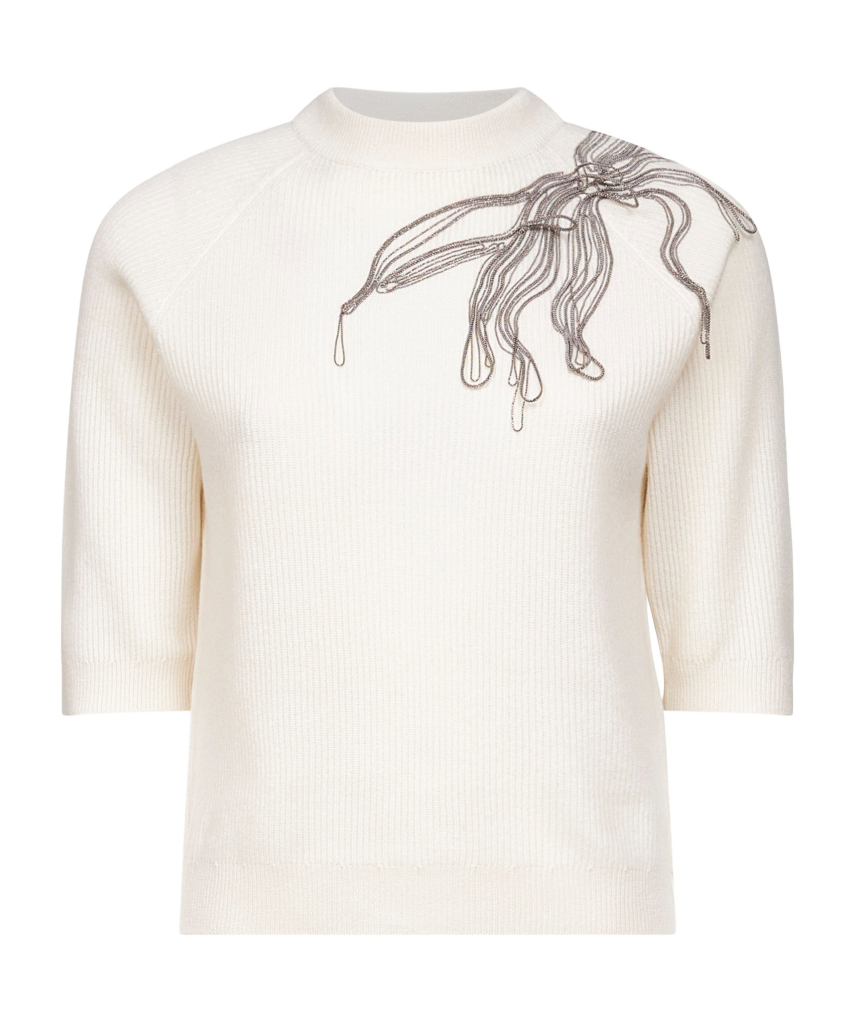 Brunello Cucinelli Women White Cashmere Shiny Flower Embroidery Sweater In Neutral