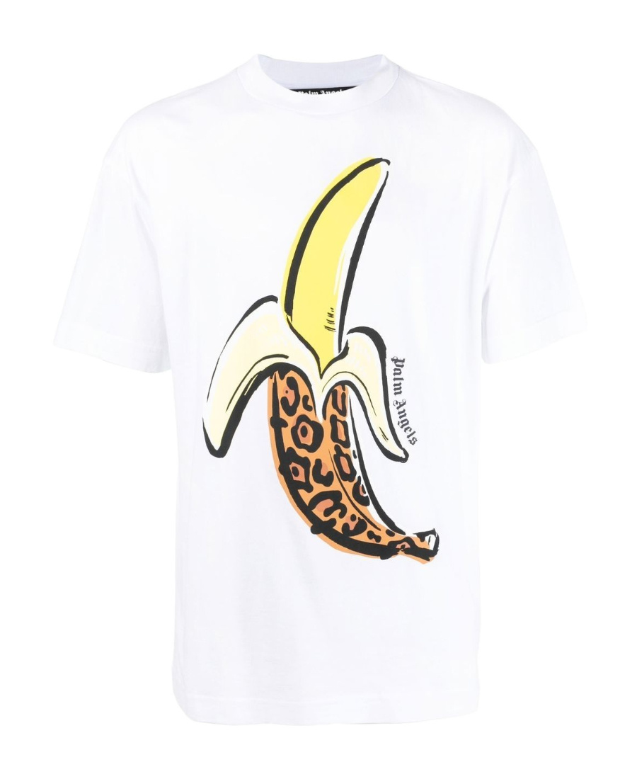 Palm Angels White T-shirt With A Banana Print In Multicolor