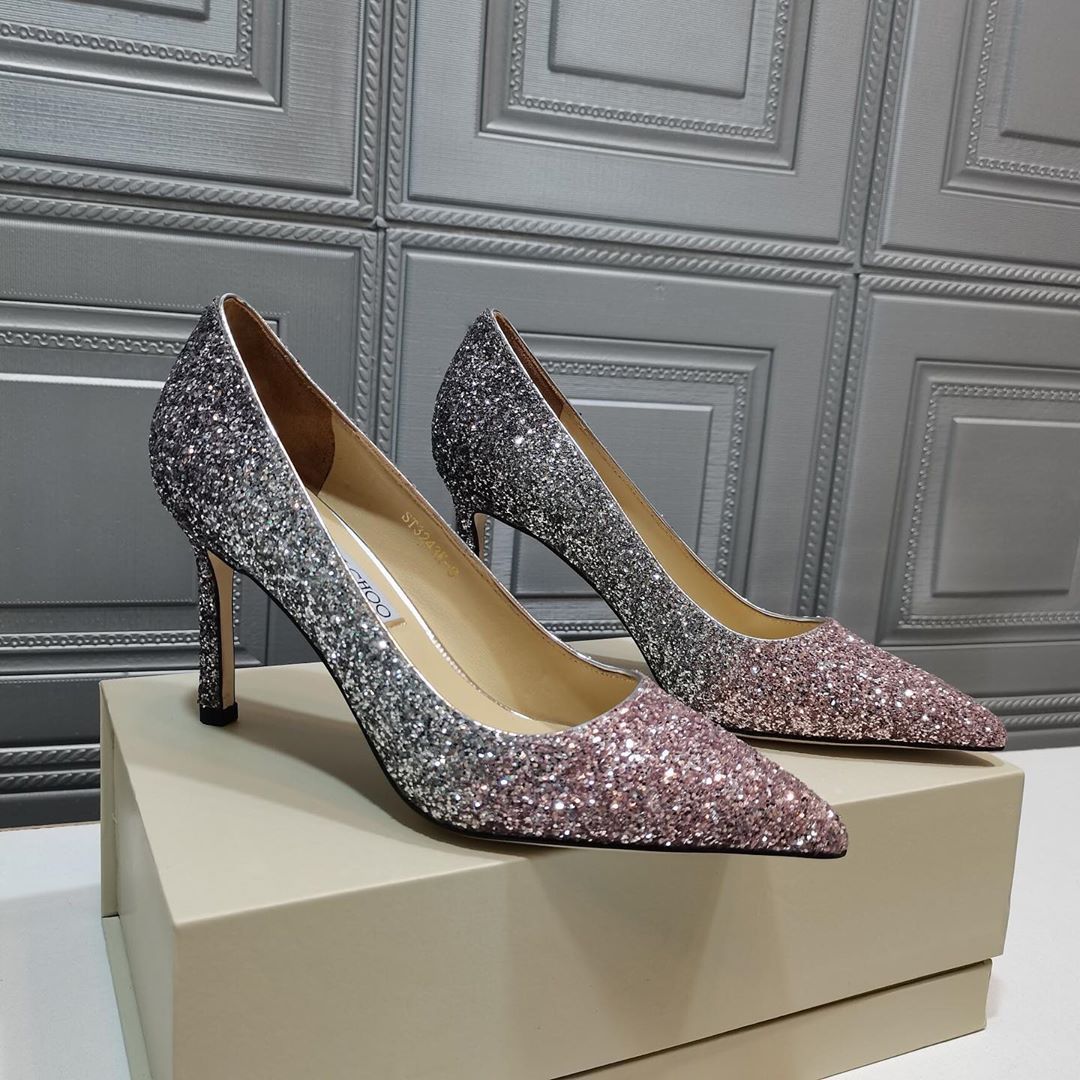 Jimmy Choo Romy 85mm Glitter-embellished Pumps In Gray