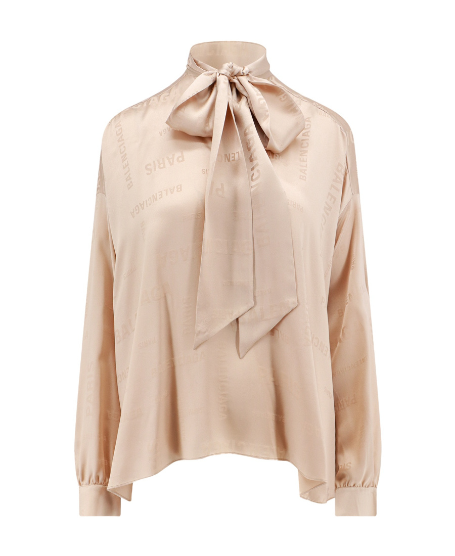 Balenciaga Logo Jacquard Silk Blouse In Nude