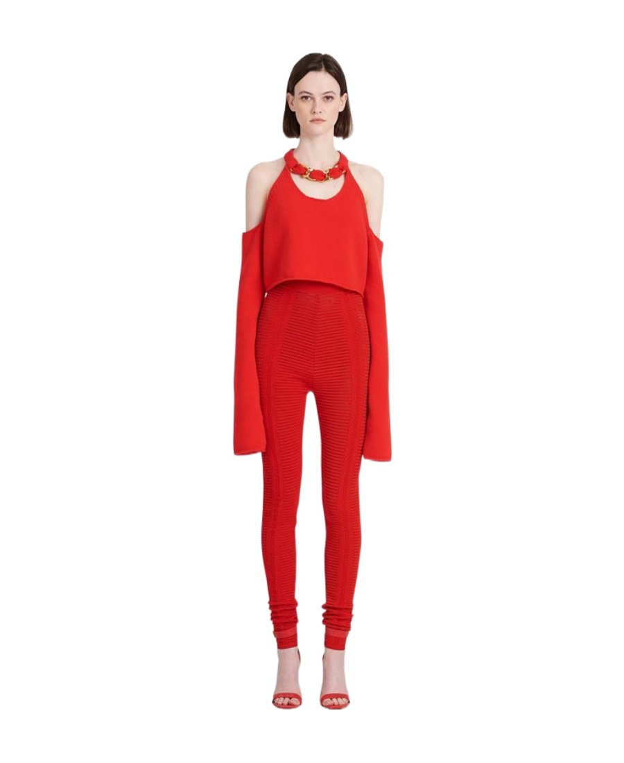 Balmain High-waisted Sheer Knitted Leggings In Red