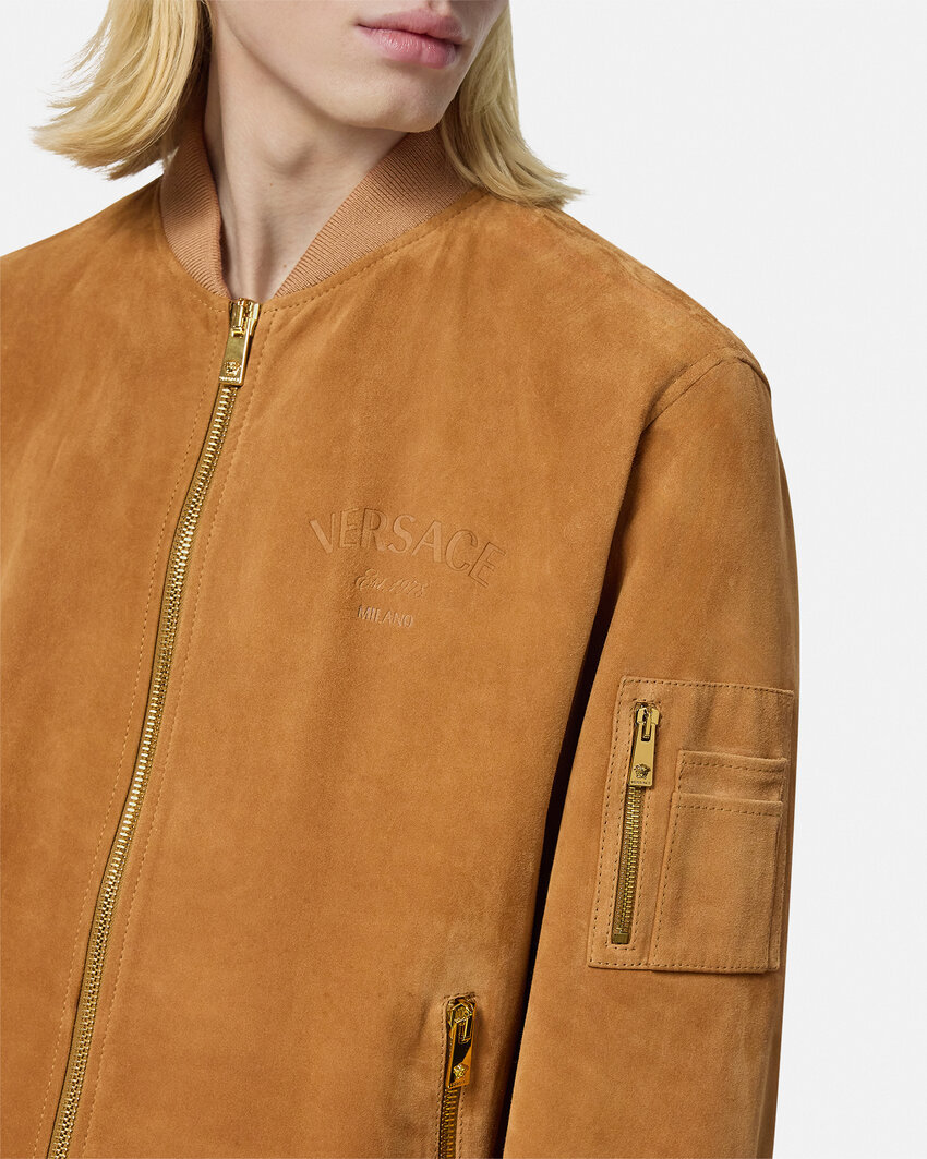 Versace Ribbed Cuffs Sleeve Zip Pocket Jacket In Brown