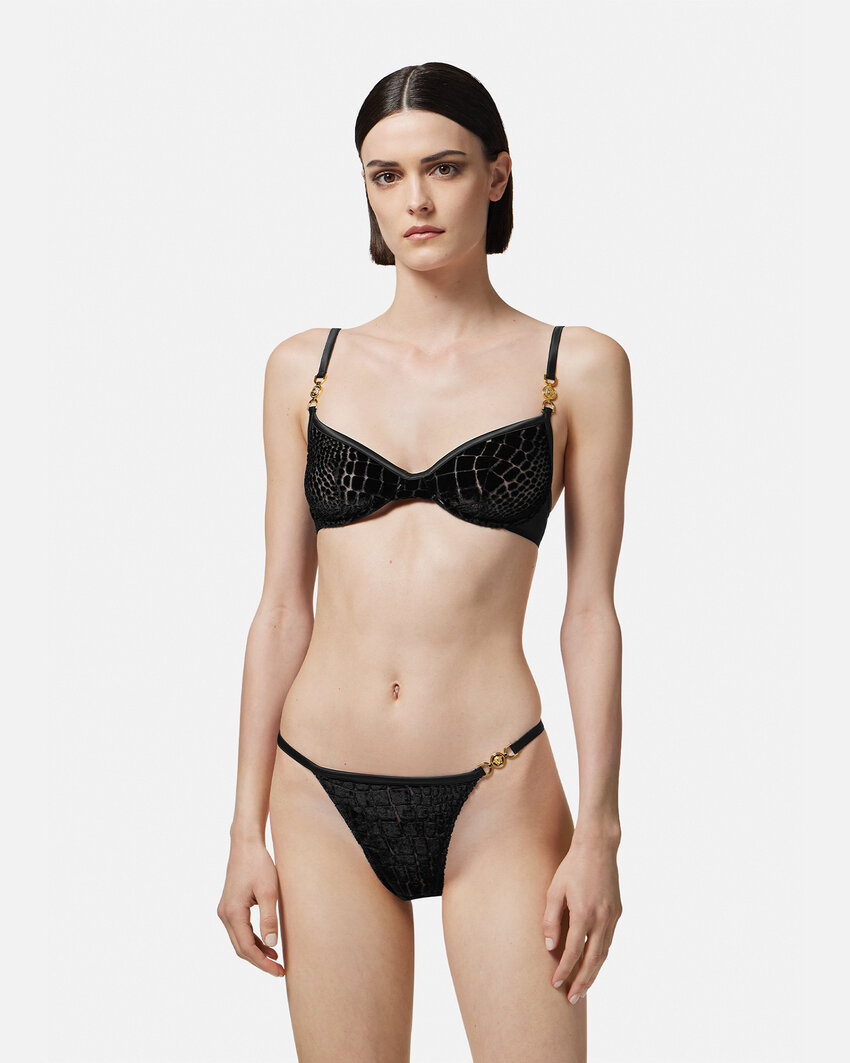 Versace Crocodile-effect Velvet Devorè Bra In Black