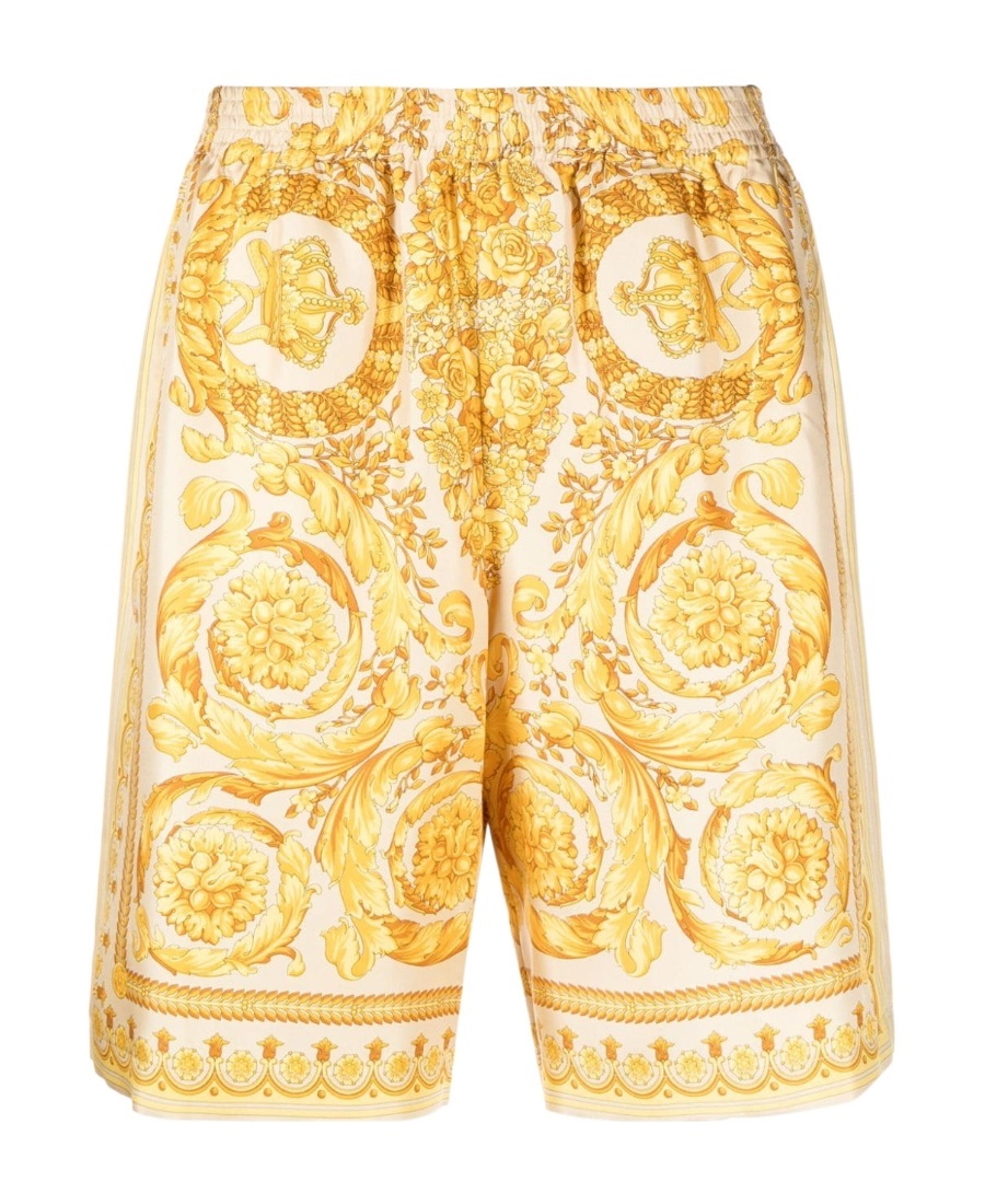 Versace Golden Barocco Print Silk Shorts In Yellow