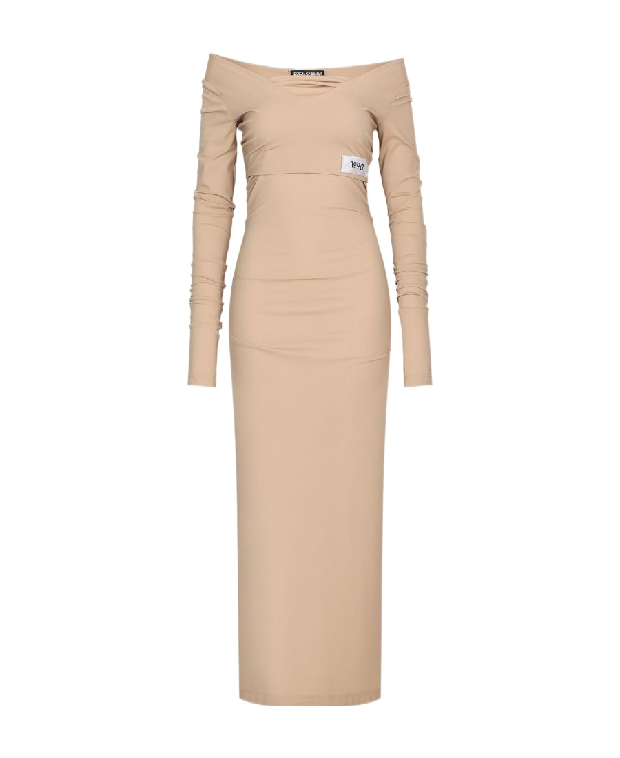 Dolce & Gabbana Kim Dolcegabbana Number Patch Off-shoulder Dress In Nude