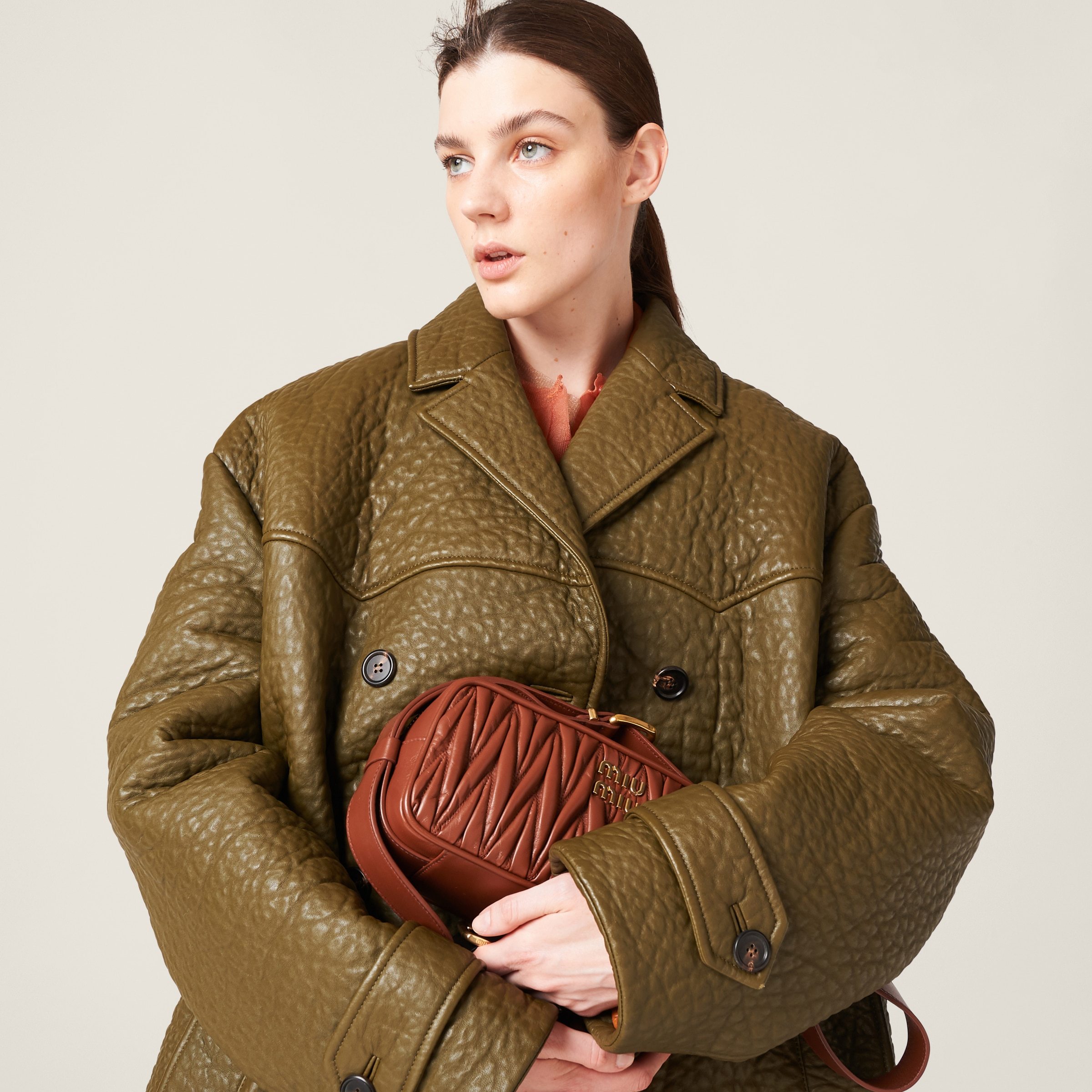 Miu Miu Double-breasted Nappa Leather Jacket In Green
