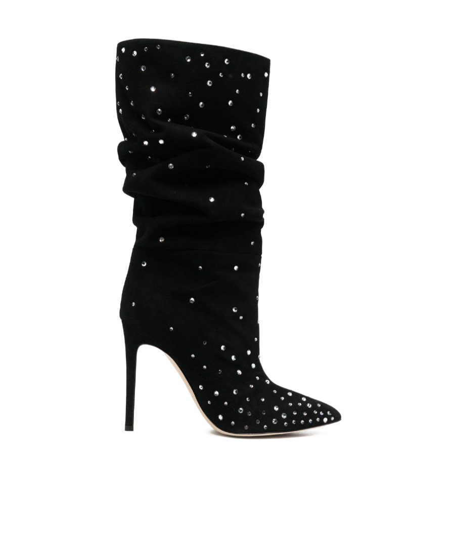 Paris Texas Suede Crystal Holly Stiletto Slpouchy Boot Heel In Black