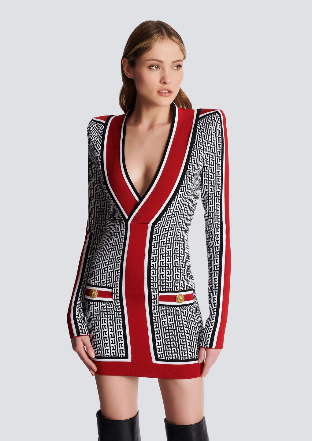 Balmain V-neck Monogram Knitted Minidress In Black