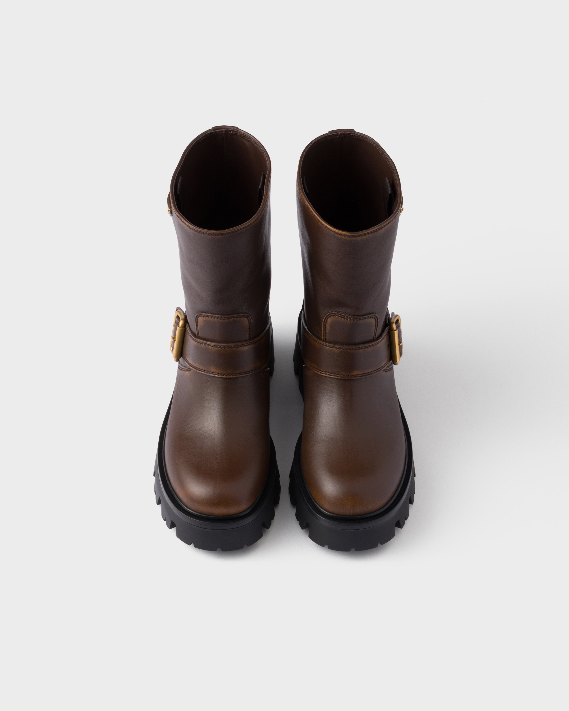 Prada Leather Boots With Vintage Effect And Logo In Black