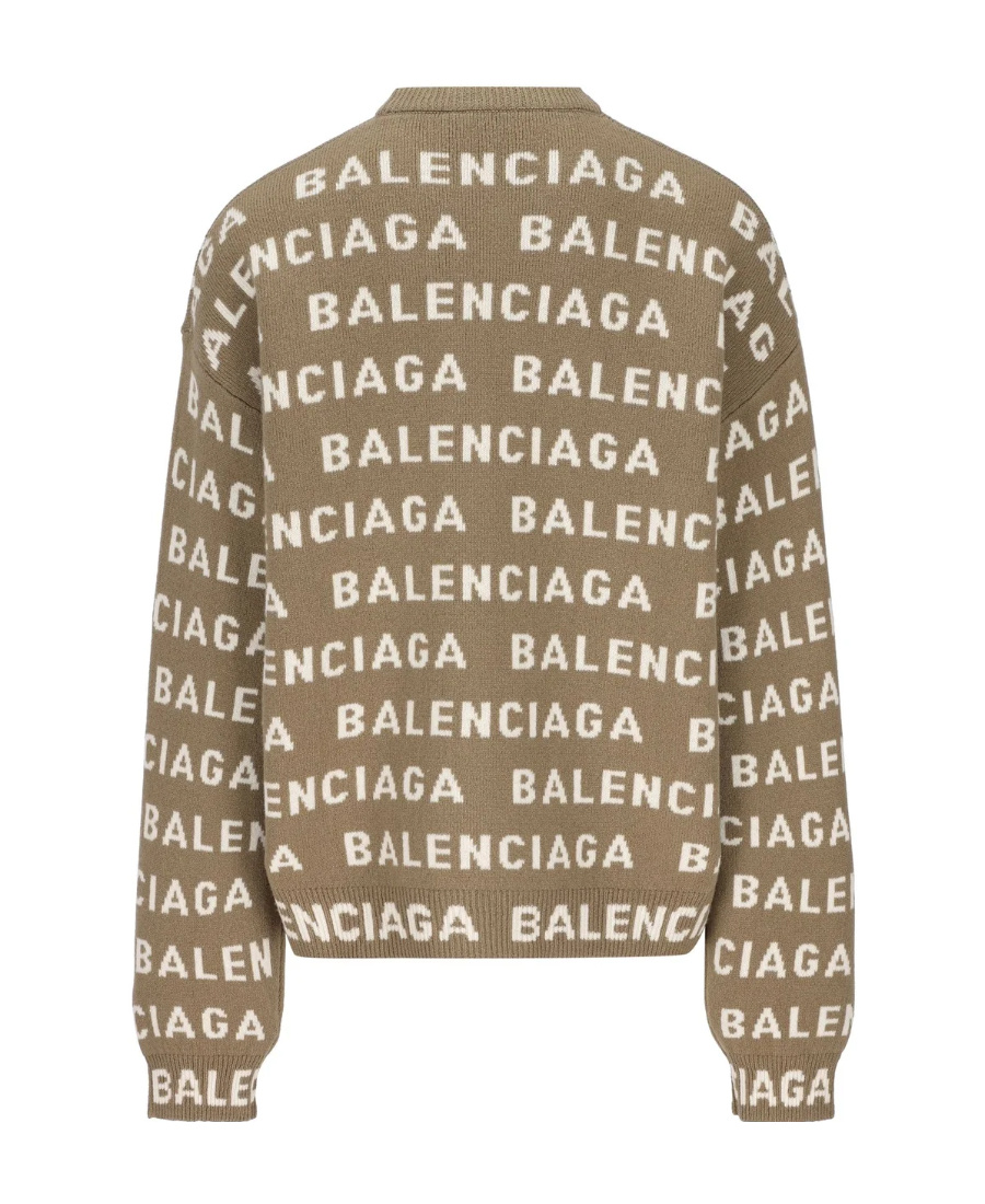 Shop Balenciaga Allover Logo Intarsia Knitted Jumper In Brown