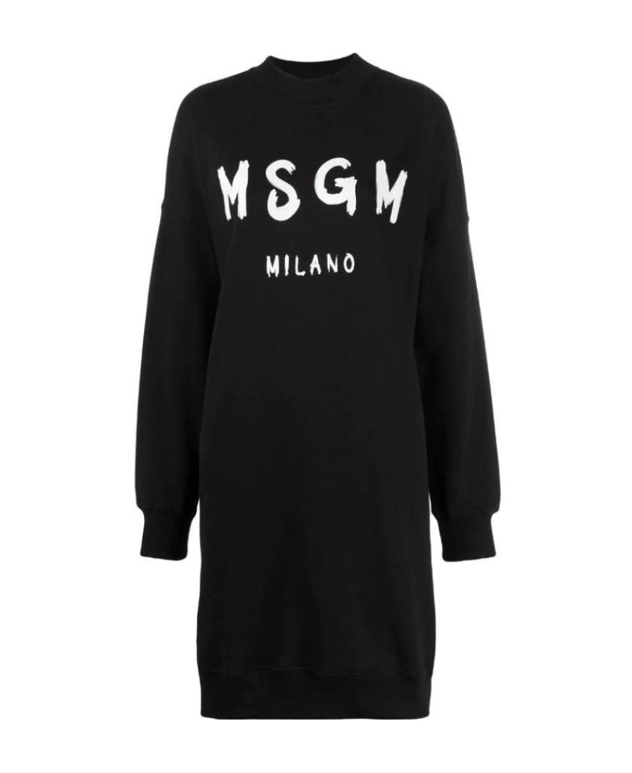 Msgm Brushed Detail Logo Dress In Black