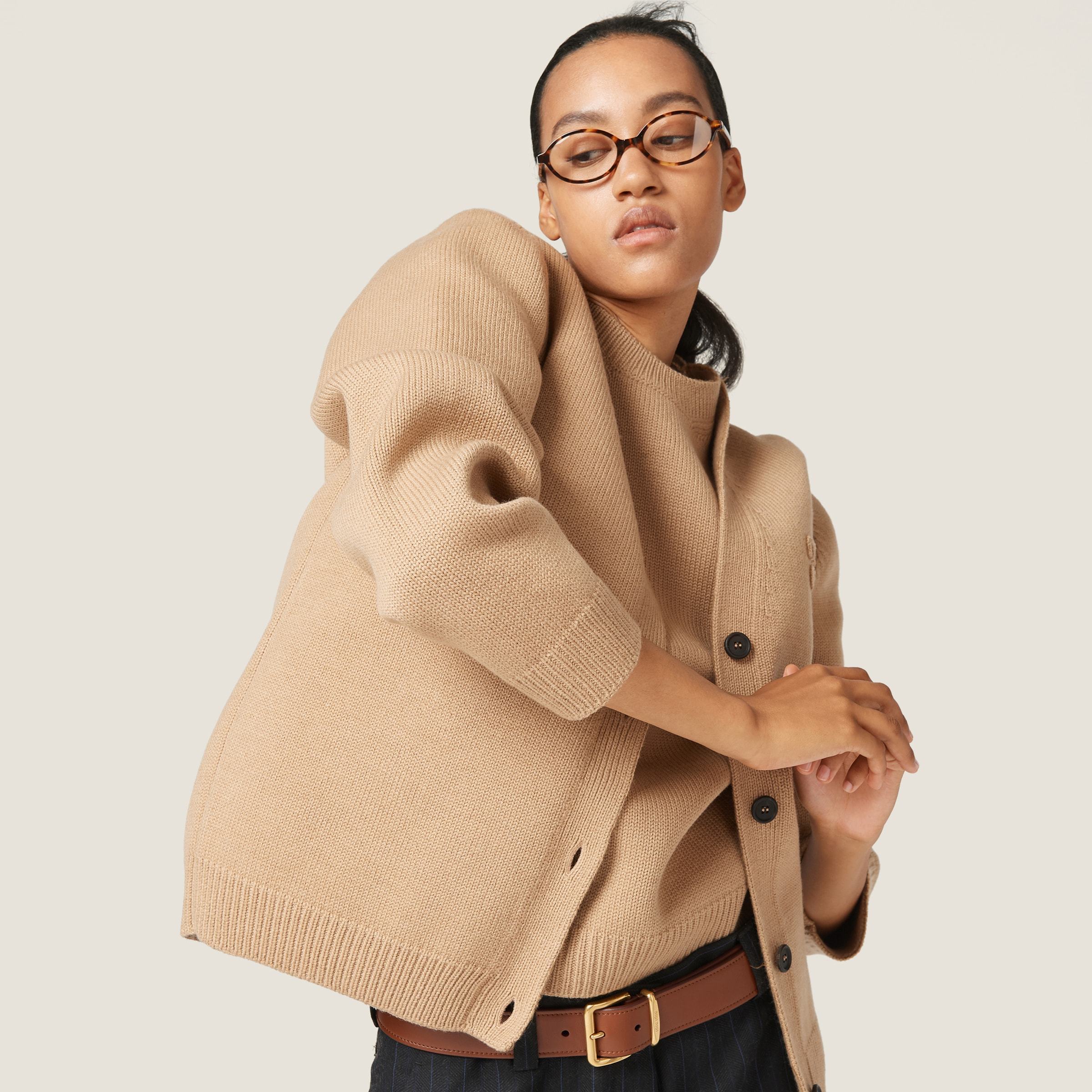 Miu Miu Logo-embroidered Wool Blend Cardigan In Nude