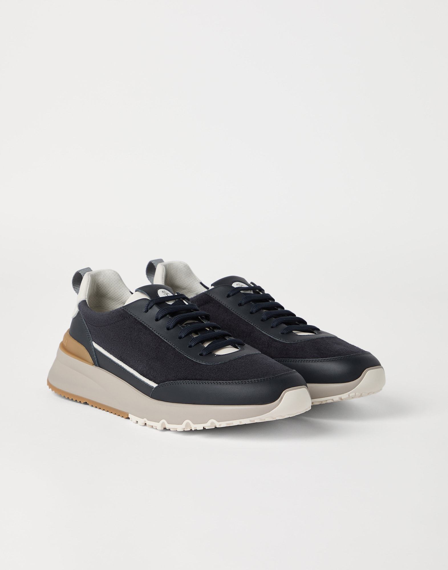 Brunello Cucinelli Suede And Smooth Material Flat Shoes With Contrasting Sole In Blue