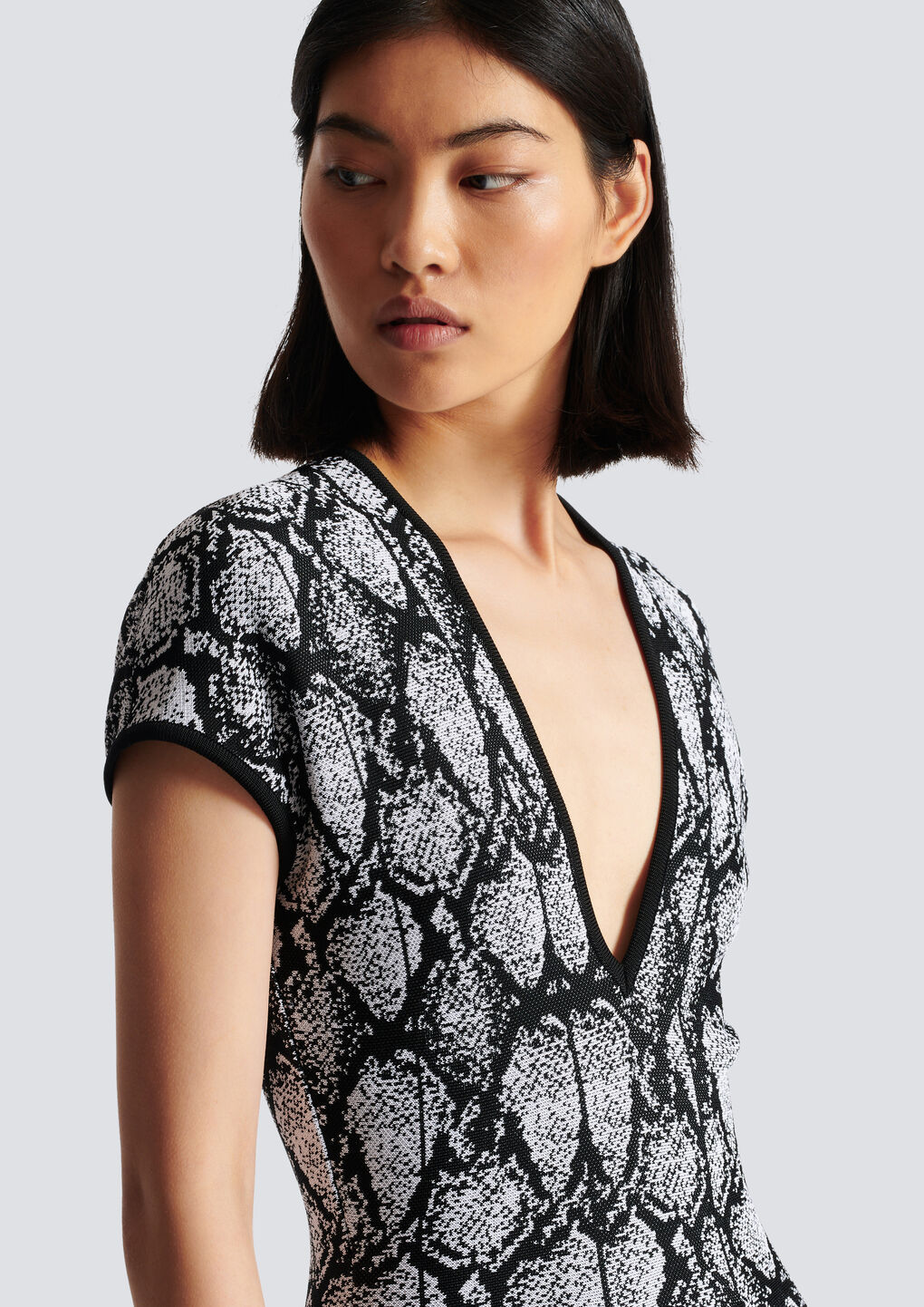 Balmain Short-sleeve Python Jacquard-knit Skater Dress In Gray