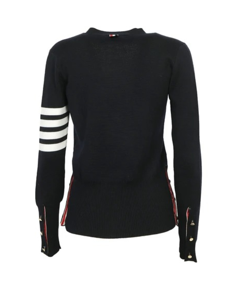 Thom Browne Ladies Navy Cashmere 4-bar Classic V-neck Cardigan In Black