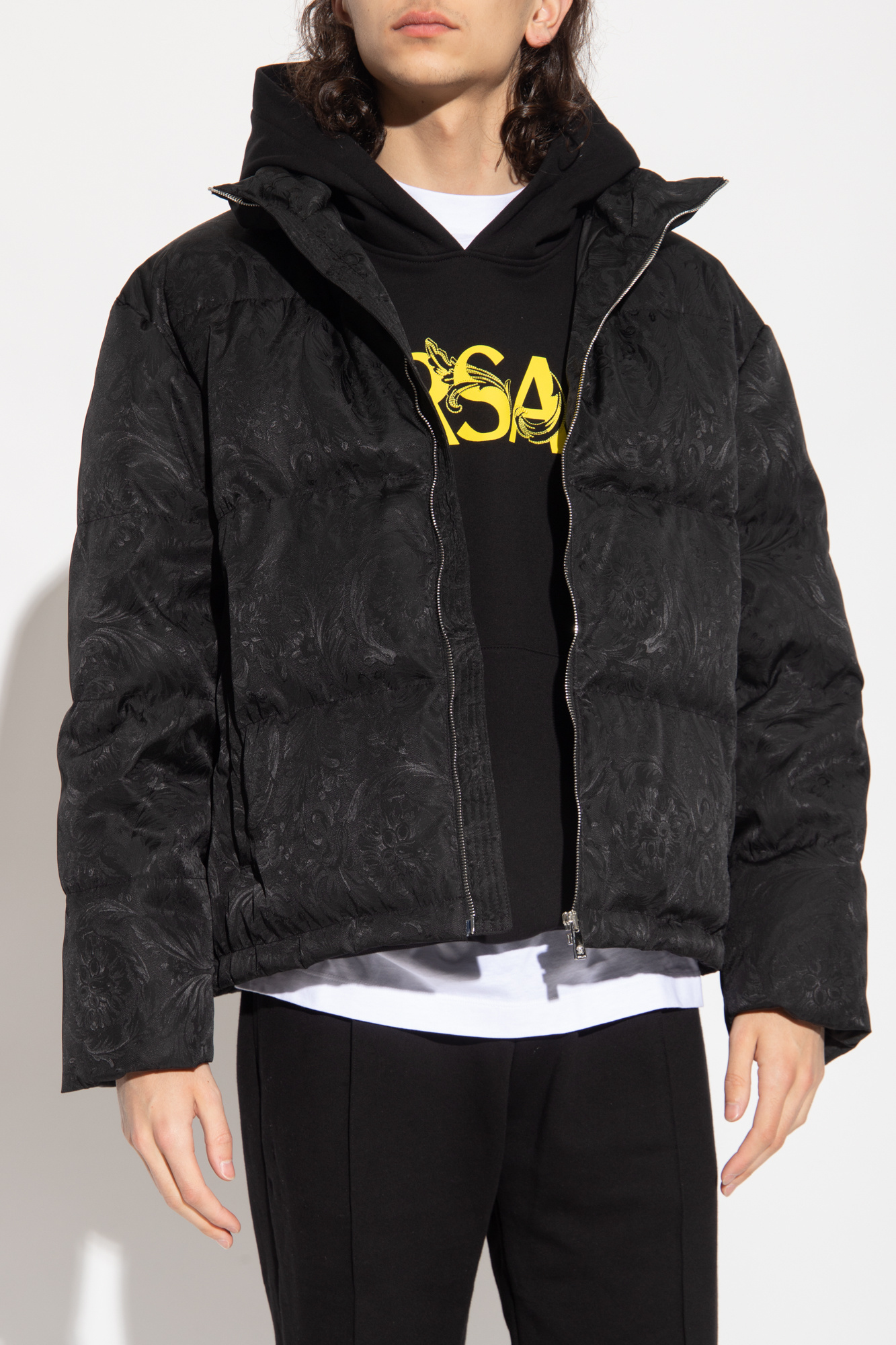 Versace Full Zip Down Jacket With All-over Pattern In Black