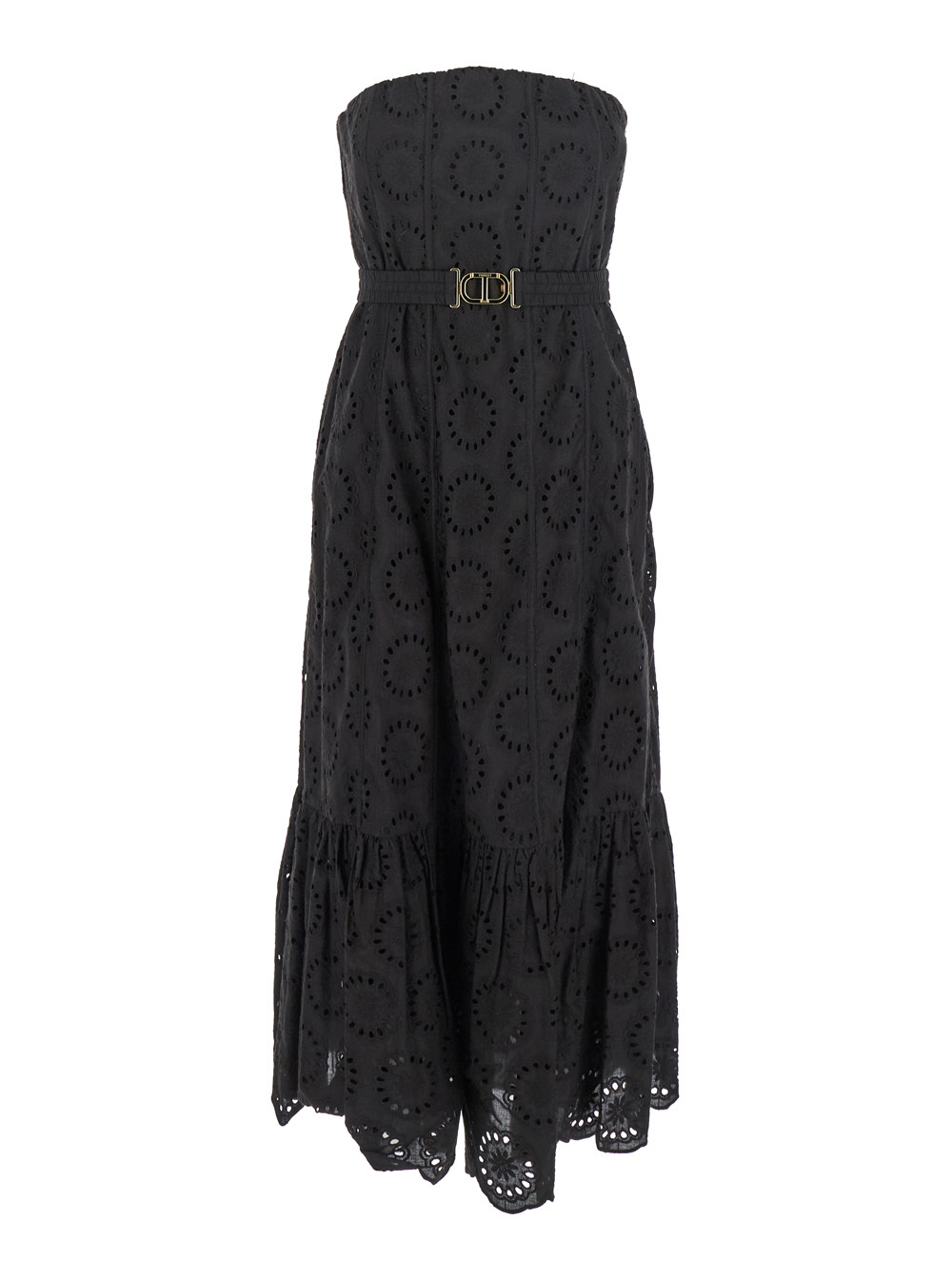 Twinset Black Dress With Removable Straps And Broderie Anglaise In Cotton Woman