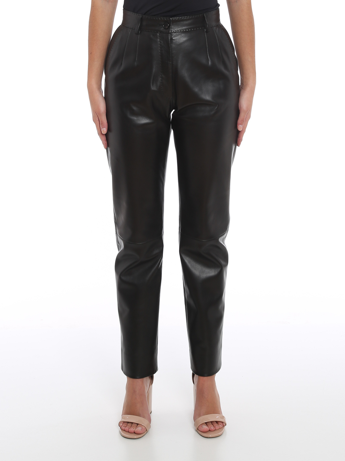 Dolce & Gabbana Dart-detailing Leather Trousers In Black