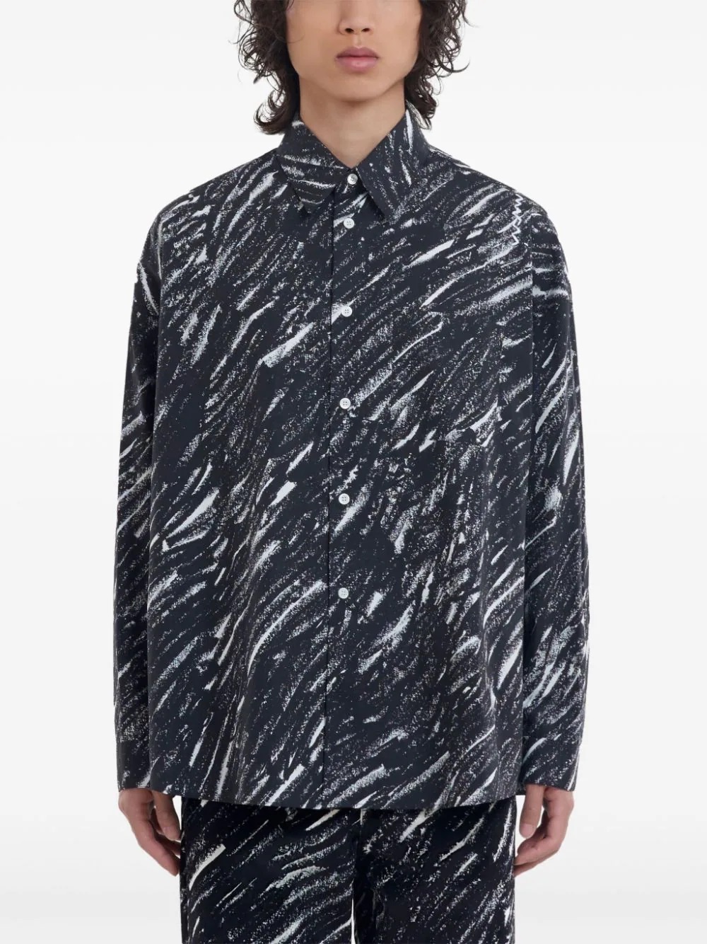 Marni Flocked Denim Oversized Shirt With Crayon Print In Black