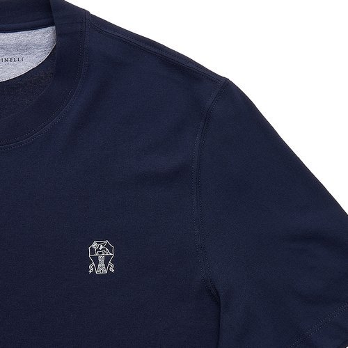Brunello Cucinelli Short-sleeved Crew Neck T-shirt With Contrasting Stitching In Blue
