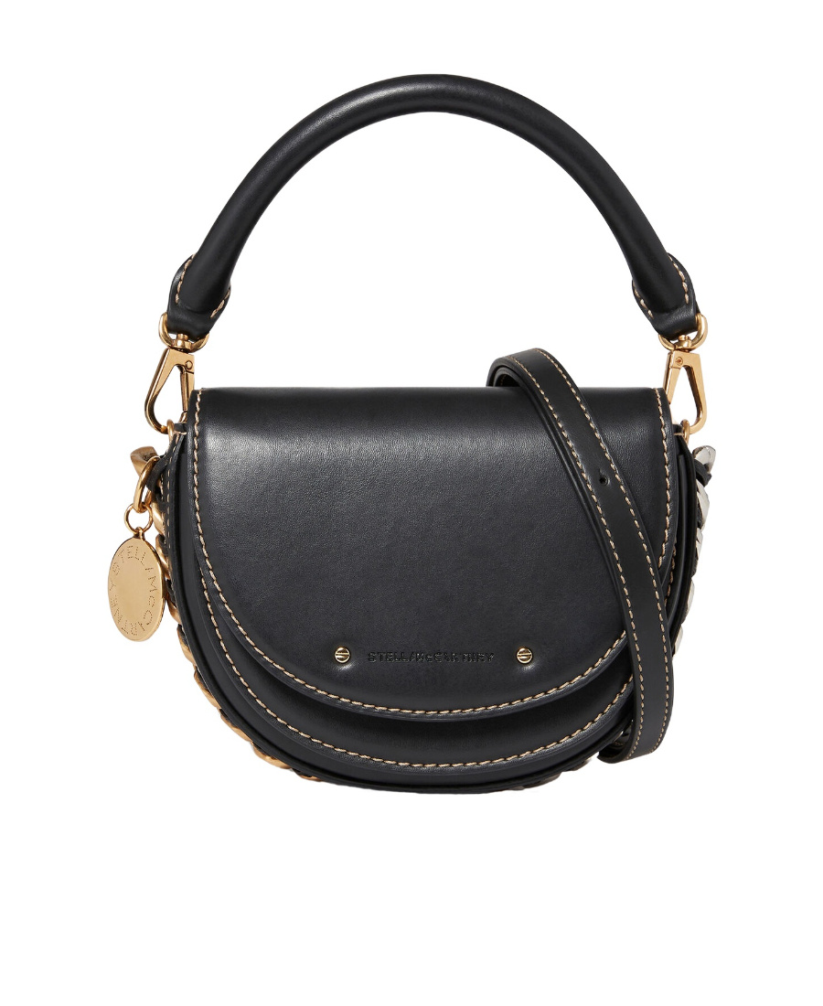 Stella Mccartney Frayme Logo-charm Shoulder Bag In Black