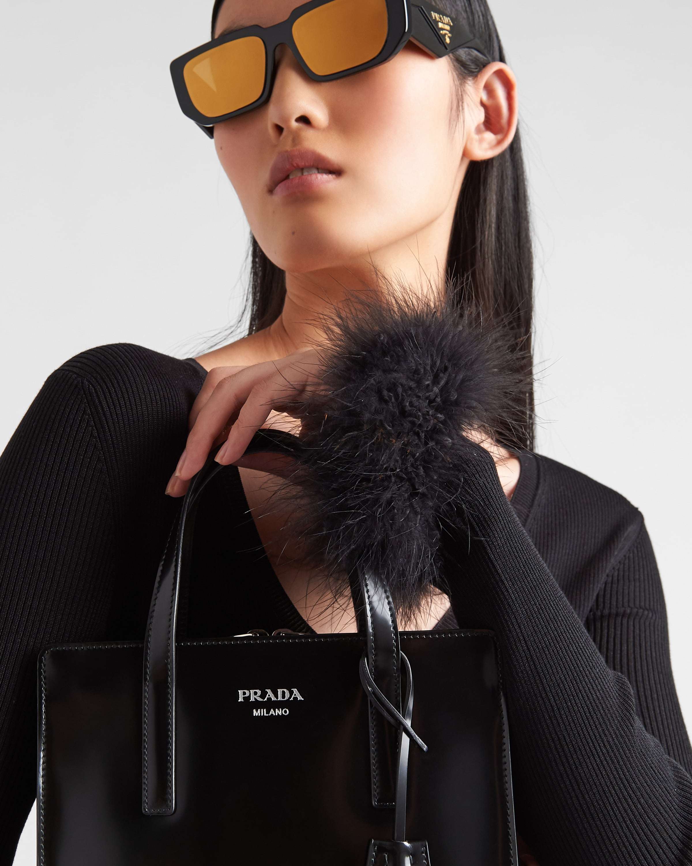 Prada Ribbed Feather-cuff Silk Cardigan In Black