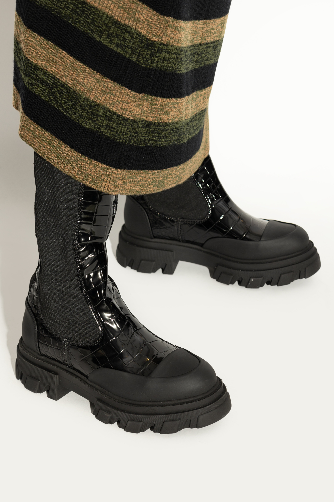 Ganni 50mm Crocodile-embossed Knee-high Boots In Black
