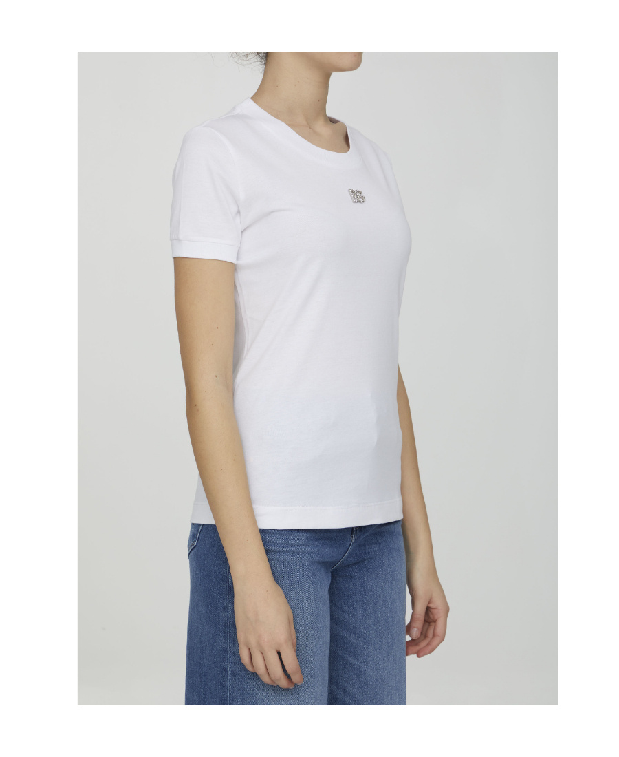 Dolce & Gabbana White T-shirt With Dg Logo On The Front Finished With Rhinestones In Cotton Woman In White