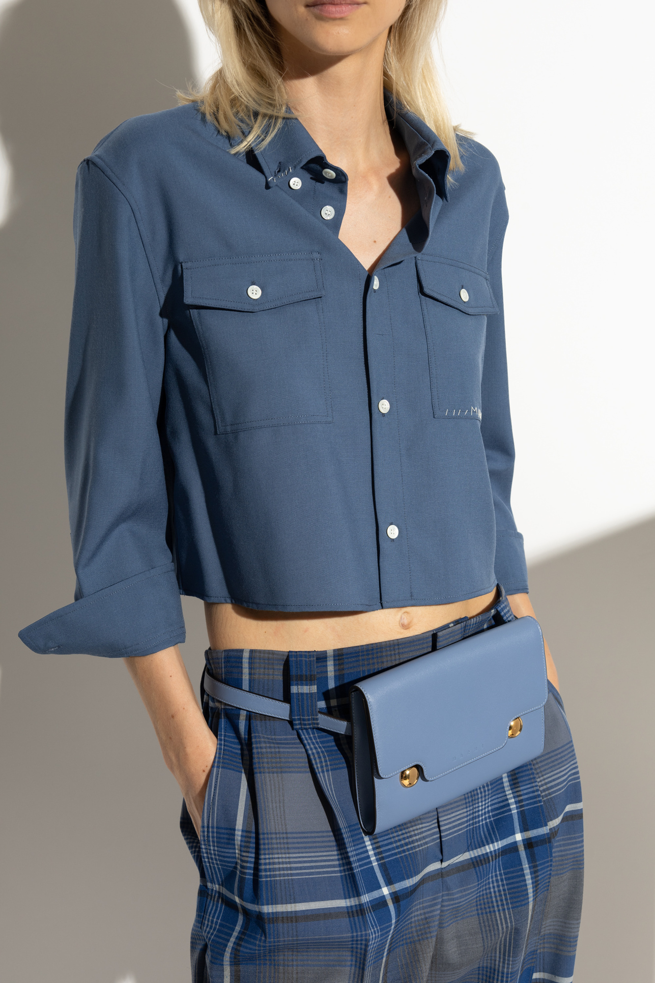 Shop Marni Trunkaroo Leather Belt Bag In Blue