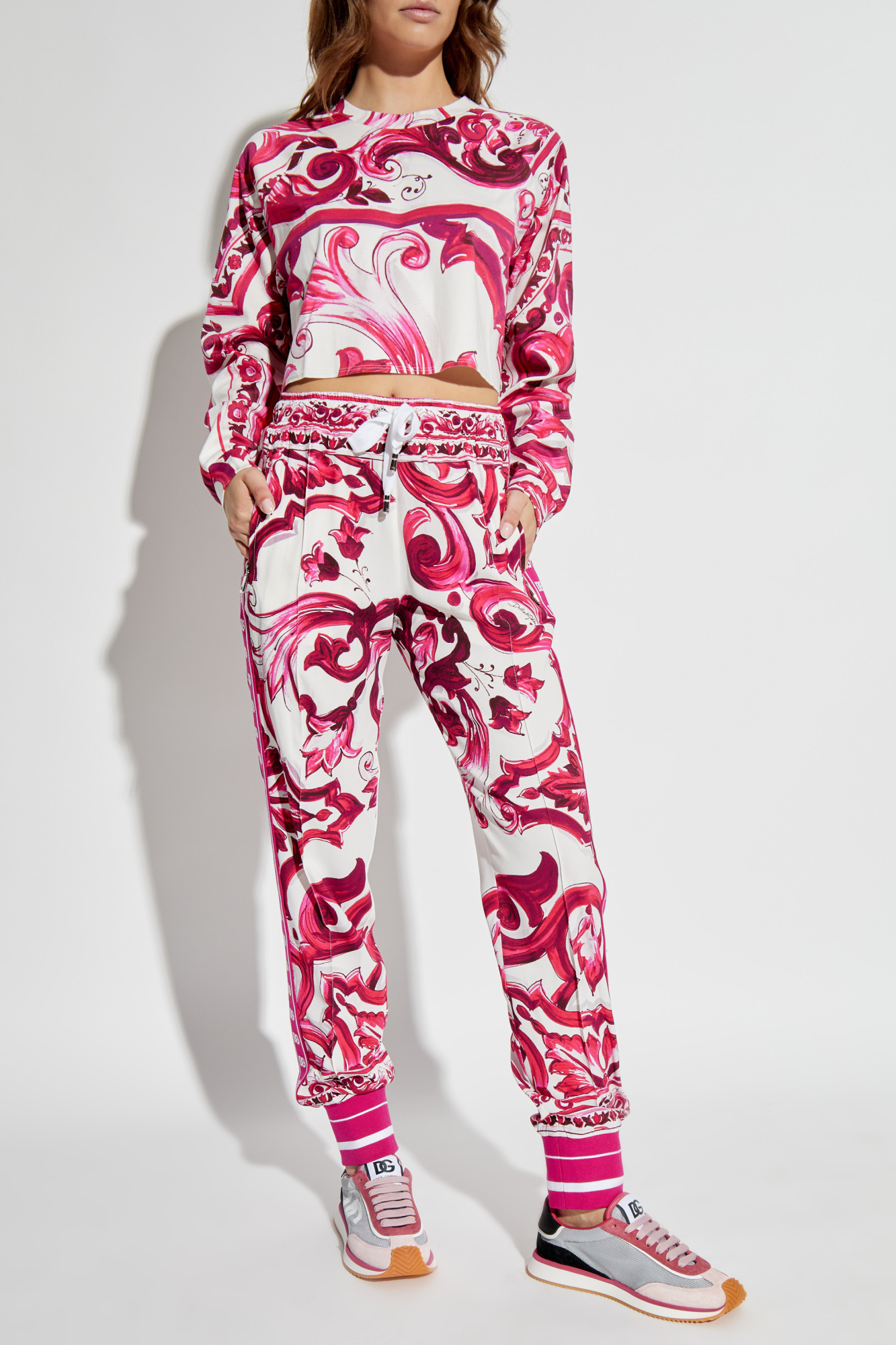Dolce & Gabbana Majolica Cropped Cotton Jersey Sweatshirt In Pink