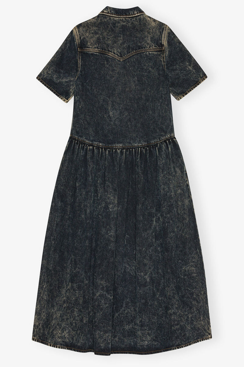 Ganni Light Denim Long Dress Black Washed In Black