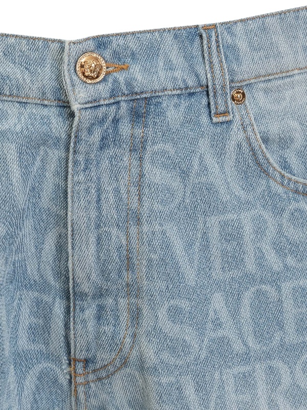 Versace All-over Logo Denim Shorts In Gray