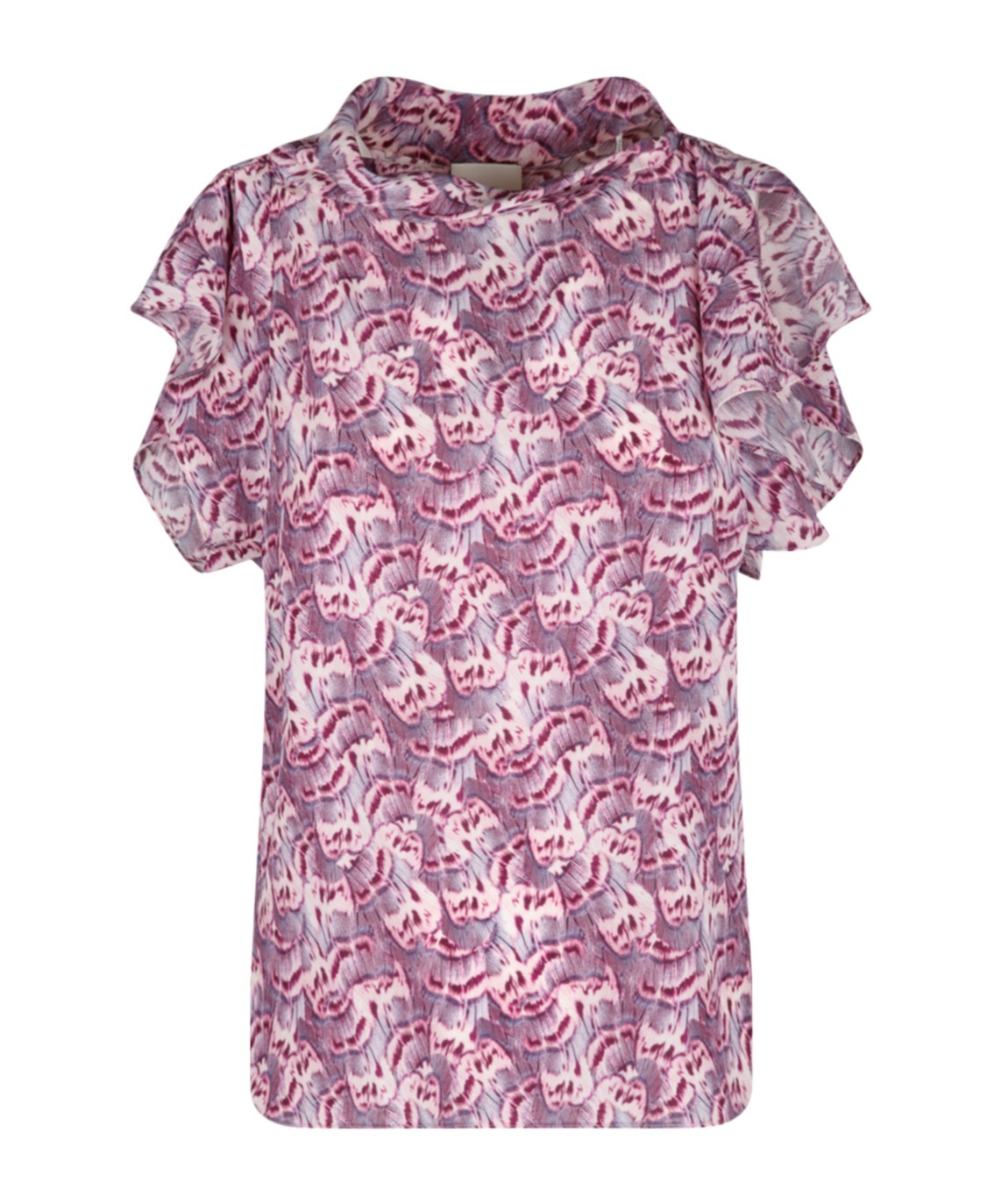 Isabel Marant Valency Feather-print Asymmetric Flutter-sleeve Silk Blouse In Pink