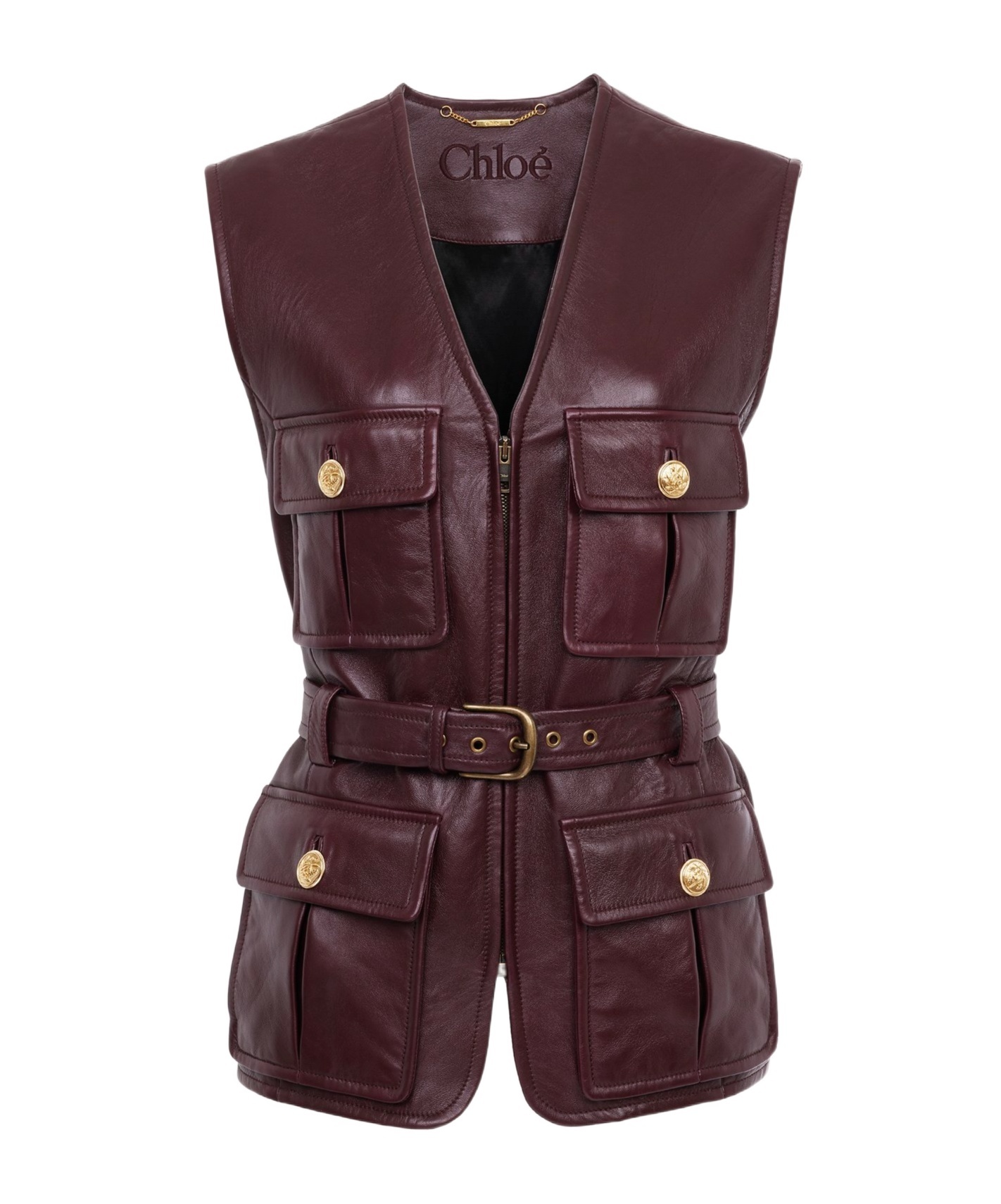 Chloé Leather Belted Waist Sleeveless Jacket In Burgundy