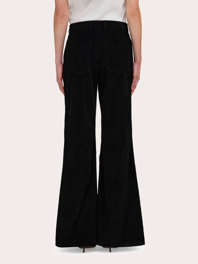 Ferragamo Striped Flared Velvet Trousers In Black