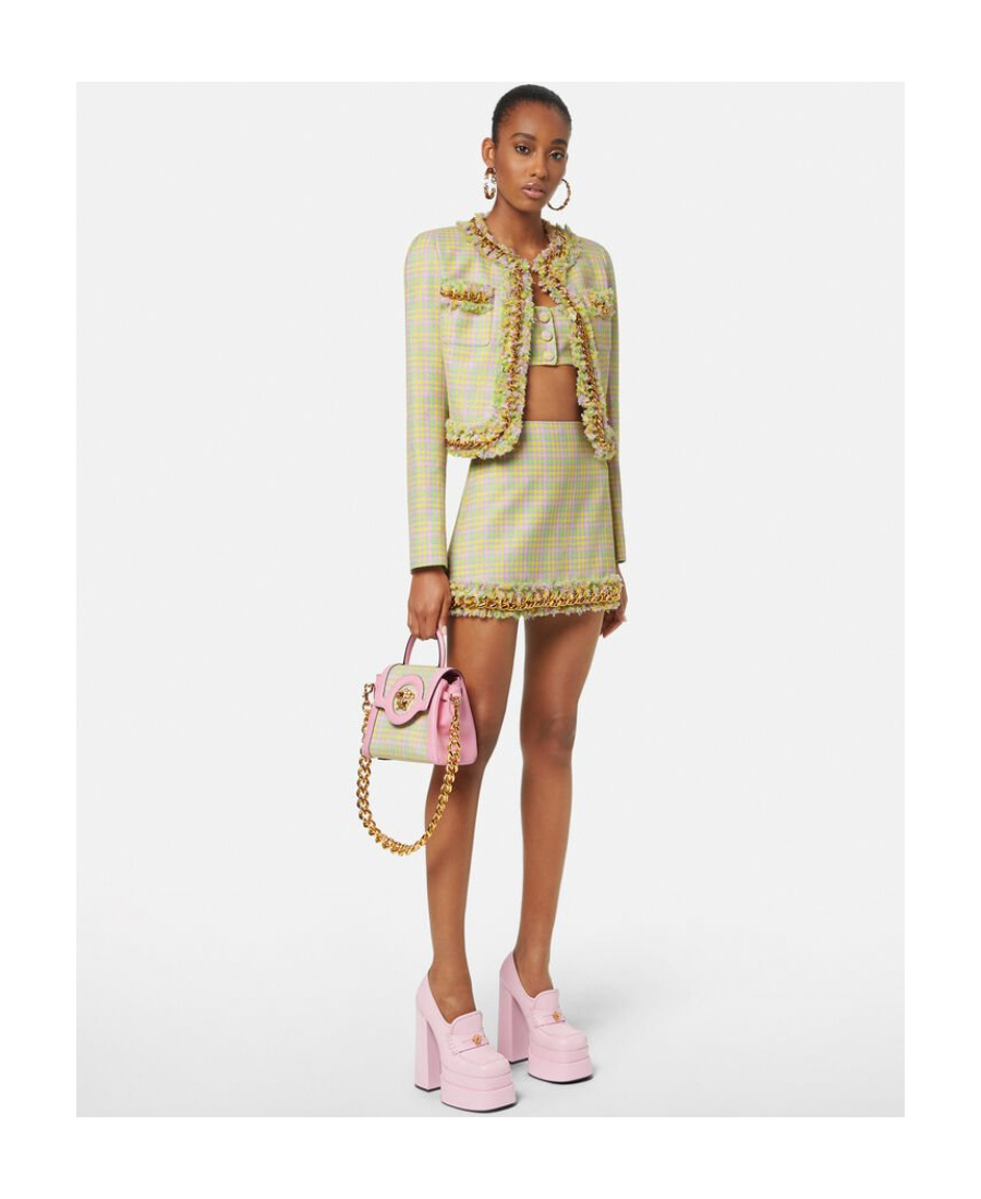 Versace Check-print Chain-applique Crop Jacket In Nude