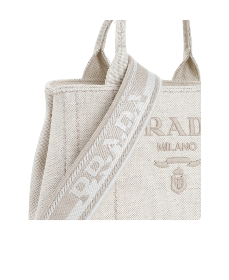 Prada Small Logo Embroidered Canvas Tote Bag In Neutral