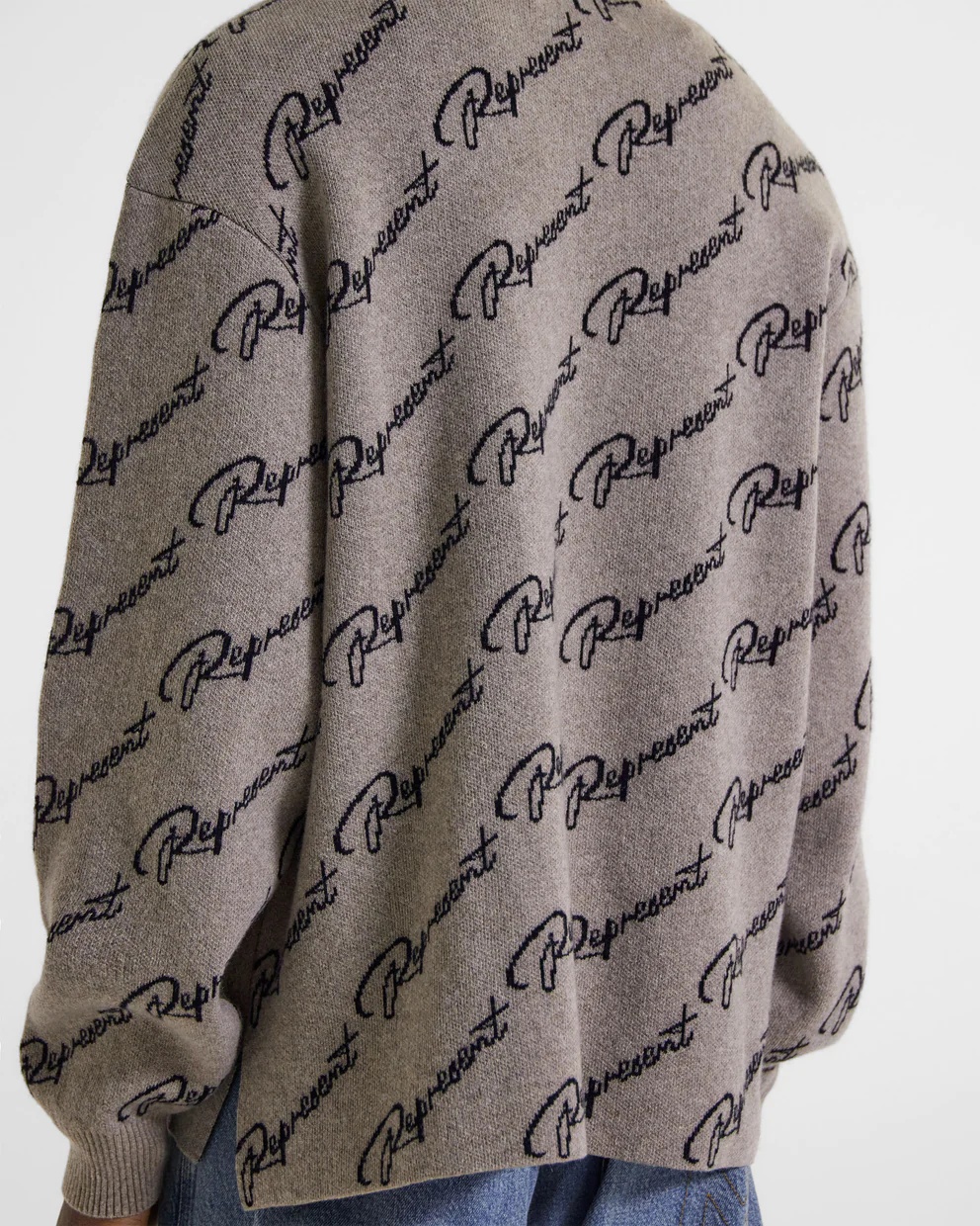 Represent Long-sleeved Jacquard Sweater With Round Neck In Gray