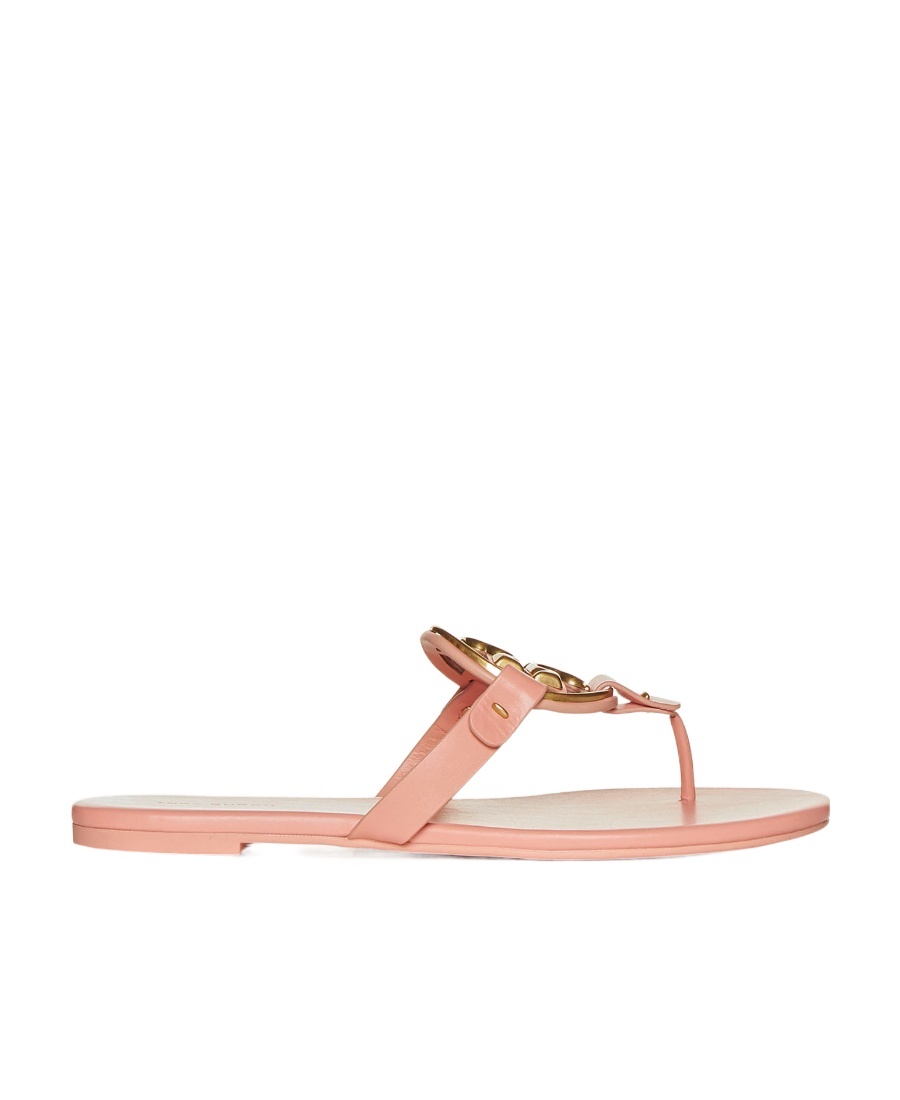 Tory Burch Logo-plaque Flat Slides In Pink